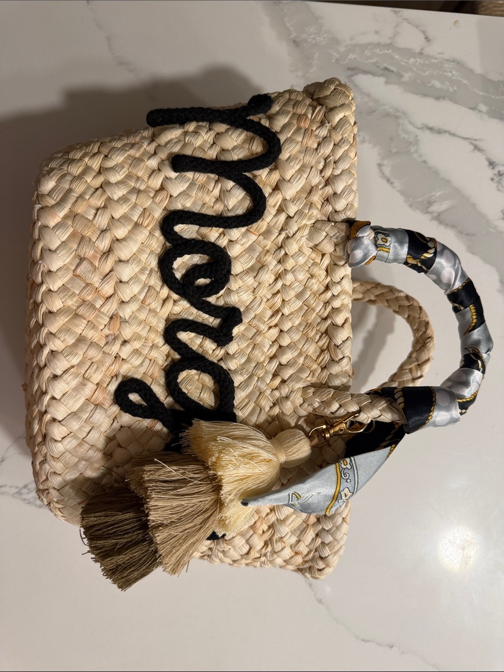 Handwoven Natural Straw Tote Bag with Black Script